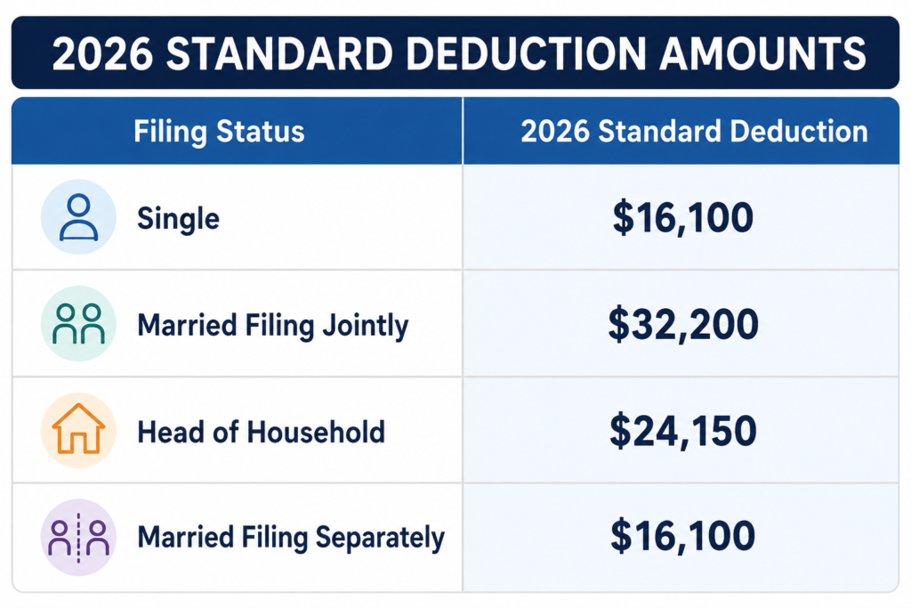 2026 standard deduction amounts for single, married filing jointly, head of household, and married filing separately taxpayers